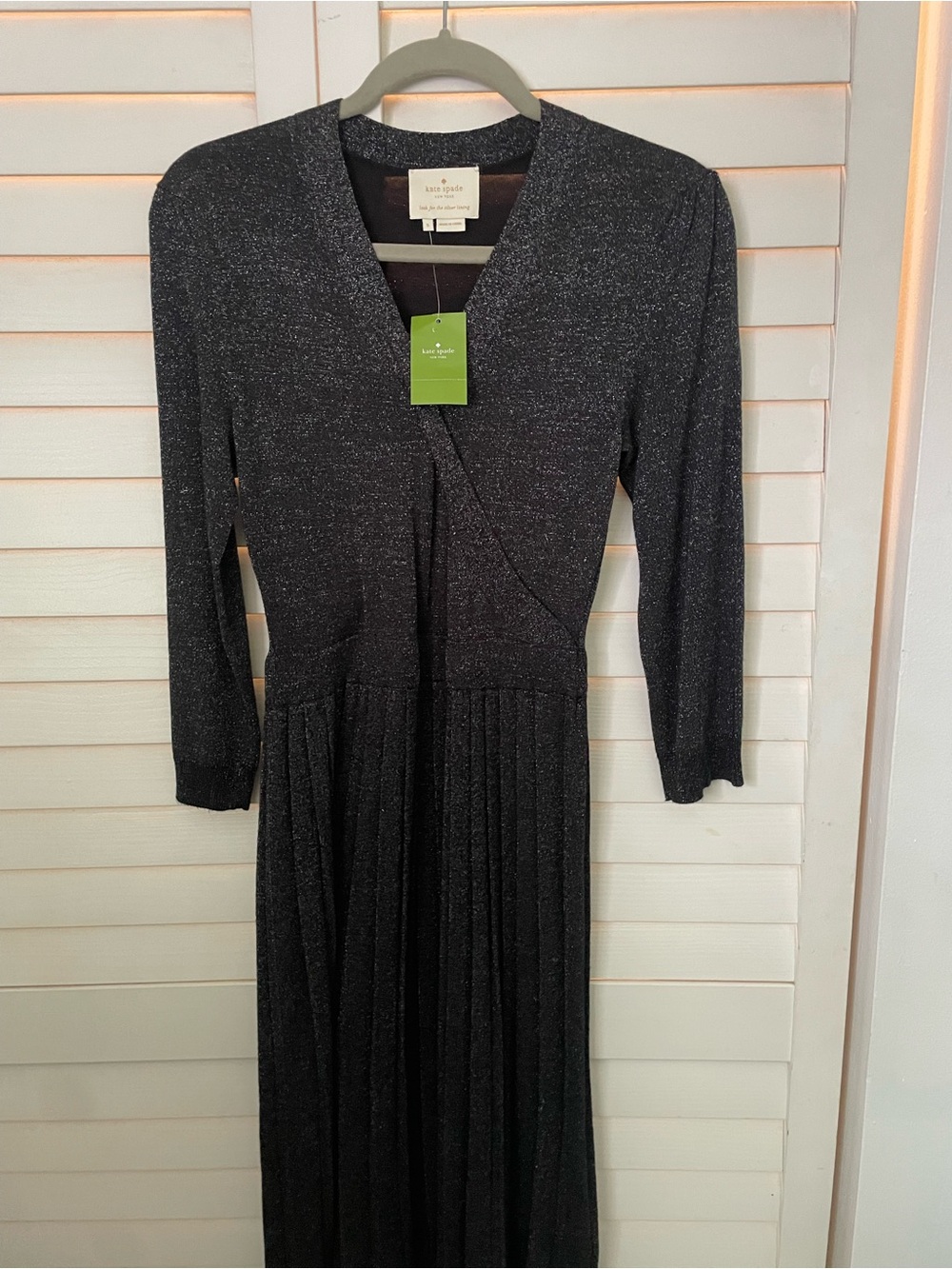 kate spade Black Sparkle Pleated Midi Dress with Long Sleeves